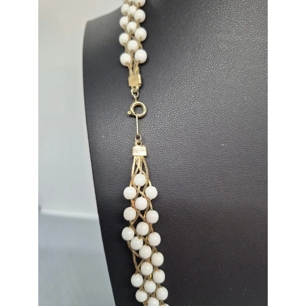 Vintage Woven Milk White Bead Necklace Woman Gold Tone Triple Strand Mesh Chain